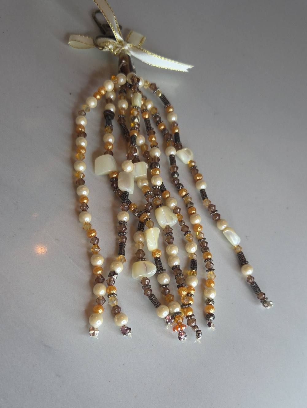 Handmade Gold and Pearl Mix Beaded Tassel Bag Charm